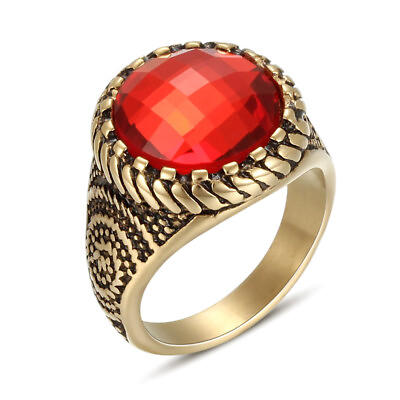 #ad 12 Pcs Stainless Steel Men Red Crystal Stone Plated Gold Rings Fashion Jewelry $39.99