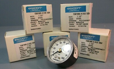 #ad Lot of 5 Ashcroft Pressure Gauge: 1 1 2quot; 15W1005 H 01B 100# 1 8 NPT Back $35.99