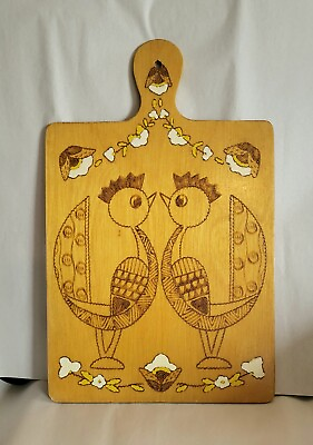 #ad Vintage Decorative Cutting Board Russian USSR Wood Burned Folk Chickens Roosters $20.00