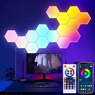 #ad Smart LED Hexagon Lights RGBIC Wall Sconces Music Sync Gaming Light Modular Lamp $32.39