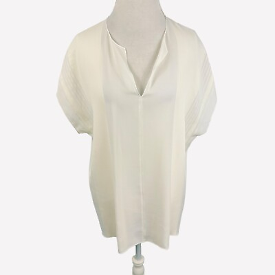 #ad Vince Ivory Blouse V Neck 100% Silk Mini Pintuck Top Boxy Short Sleeve Size L $54.95