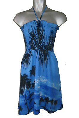 #ad Blue Black Palm Tree Sunset Summer Tropical Sundress with Spaghetti Straps $9.99