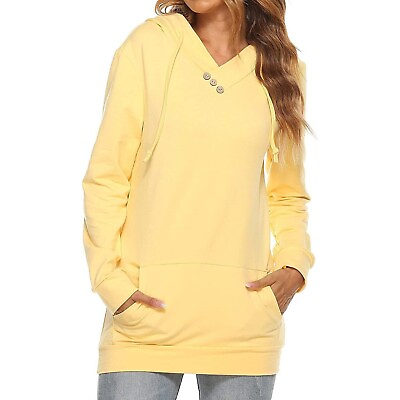 #ad Womens M Hoodie Sweatshirts Drawstring Button Tops Casual Yellow $23.99