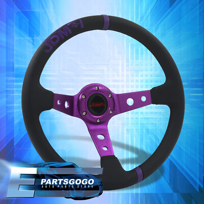 #ad JDM Sport Universal 350mm 6 Bolts Deep Dish Black 3 Purple Stripe Steering Wheel $40.99