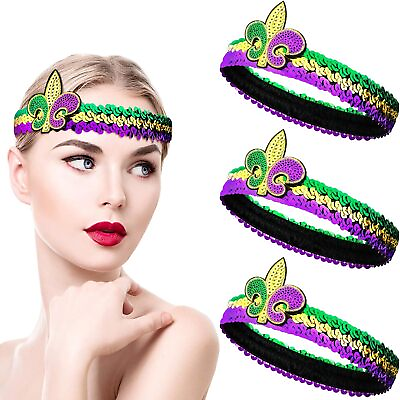 #ad 3 Pieces Mardi Gras Fleur De Lis Sequin Headbands Carnival Elastic Glitter Headb $25.05