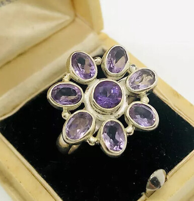 #ad Large Sterling Silver Amethyst Cluster Ring 5.7gms Size 8 Vintage Jewelry $68.50