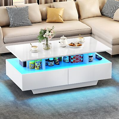 #ad High Gloss Coffee Table Center Cocktail Table with LED Lights amp; Sliding Drawers $109.99