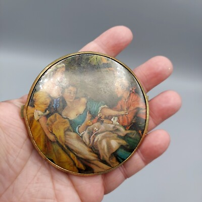 #ad Vintage Gold Tone Compact Renaissance Scene Made in Germany double mirror $11.99