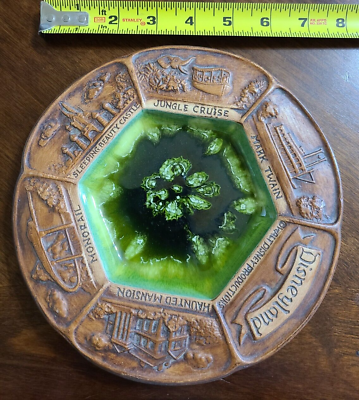 #ad Vintage Disneyland Ashtray Plate Green Glaze With Attractions Listed Mark Twain $17.75