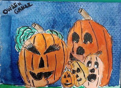 #ad ACEO Original Watercolor and Ink Painting Jackolantern Family Portrait $6.97