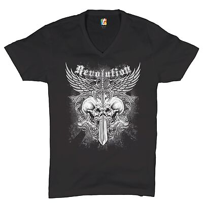 #ad Revolution Gothic Skulls V Neck T shirt Angel Wings Skeleton Horror Tee $17.25