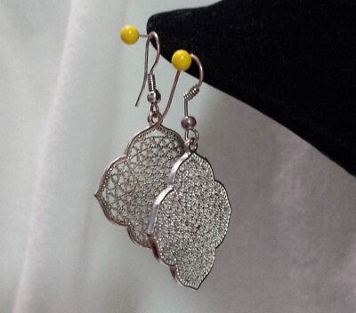 #ad Brass Silvertone Open FilIgree Floral Earrings Moroccan Shape French Hooks $16.00