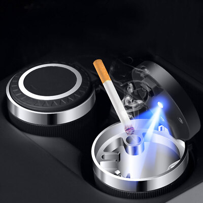 #ad Stainless Portable Car Ashtray w Lid Smell Proof LED Fireproof Shells Ashtray $15.63