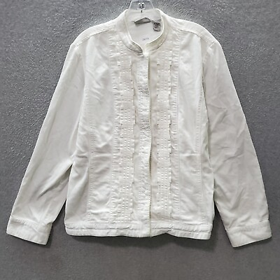 #ad Chico#x27;s Platinum Women Jacket 2 White Denim Snap Pockets Long Sleeve READ $13.94