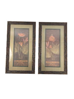 #ad Two Framed and Matted Tropical Floral Art Prints Faux Bamboo Frame Hanging $142.49