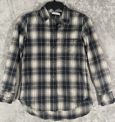 #ad Vince plaid flannel button up shirt fringe raw hem grey white Sz XS $21.99