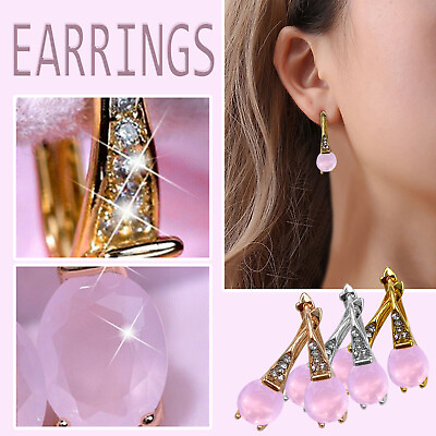 #ad Rose Gold Crystal Earrings Oval Pink Women Earrings Jewelry Sweet Simple Dating $1.99