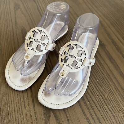 #ad Tory Burch Miller Logo Sandals White Leather Size 8 $50.00