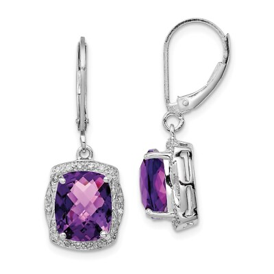 #ad 30mm Sterling Silver Rhodium plated Diamond and Amethyst Earrings $261.95