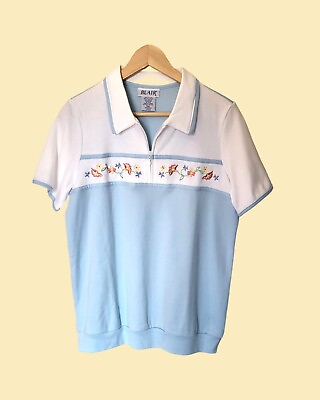#ad Vintage Cottagecore Embroidered Shirt Womens S Floral Polo White Blue Grannycore $26.00