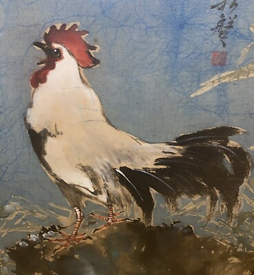 #ad Signed Original Painting Chicken Crowing Rooster 27.5x21.5 Lee Man Fong? $650.00