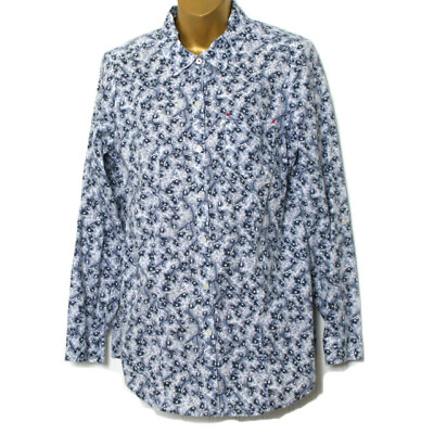 #ad J Jill Women Floral Blouse Blue White Red Collared Long Sleeve Pocket Tunic Smal $23.99