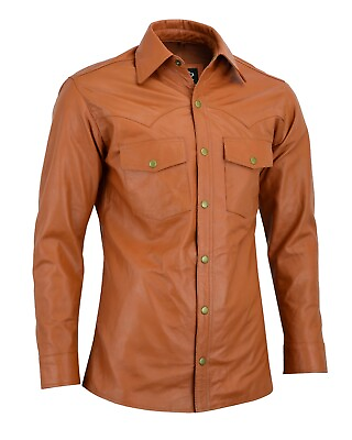 #ad Men’s Shirt Slim Fit Vintage Motorcycle Antique Tan Soft Real Leather Shirt $72.99