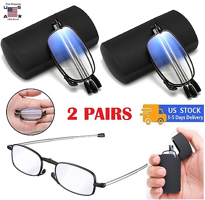 #ad 2 PAIRS Metal Compact Folding Anti Blue Light Reading Glasses w Carrying Case $6.92