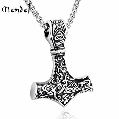 #ad MENDEL Mens Stainless Steel Norse Viking Thors Hammer Mjolnir Pendant Necklace $10.99