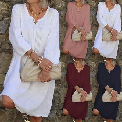 #ad Women Cotton Linen Shirt Dress Ladies Casual Loose Holiday Short Dress Plus Size $21.56