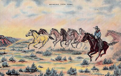 #ad Dude Larsen Western Cowboy Wild Horses Roping Lasso Mustang Vtg Postcard V4 $2.45