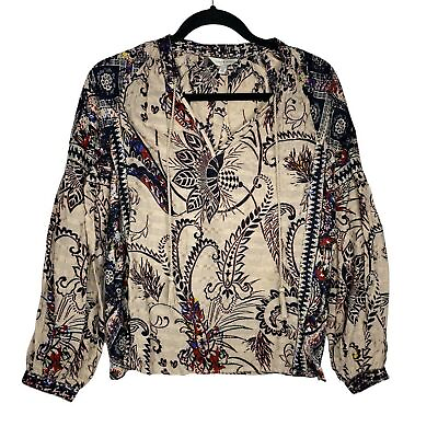 #ad Lucky Brand Blouse Size Extra Small Womens Long Sleeve Feather Floral Boho Light $19.99