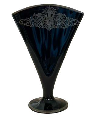 #ad Vintage Black Amethyst Glass fan Shaped Vase Sterling Silver Art Nouveau Overlay $27.99