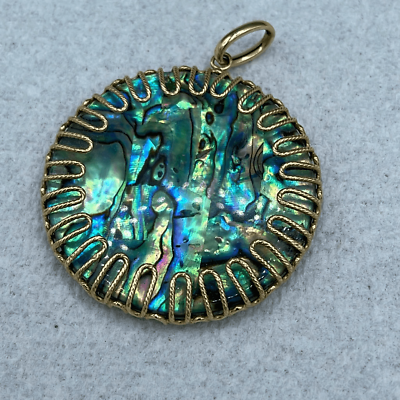 #ad 14K gold Natural Abalone and black onyx reversible pendant $362.00