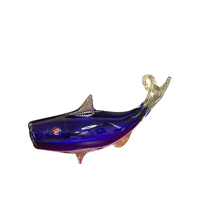#ad Art Glass Fish Handblown Shark Open Mouth Hollow Cobalt Blue Red Eyes Sculpture $42.95