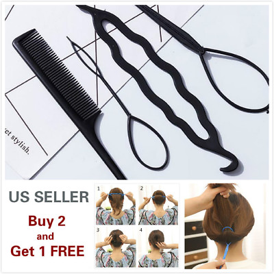#ad 4Pcs Hair French Braid Topsy Tail Clip Magic Styling Stick DIY Bun Maker Tool $3.59