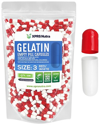 #ad Size 3 Red amp; White Empty Gelatin Pill Capsules Kosher Gel Caps Gluten Free USA $139.99