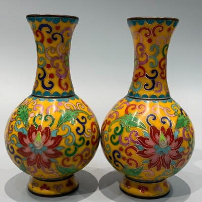 #ad 16cm fengshui Exquisite copper Cloisonne enamel blooming flower bottle pair vase $199.99