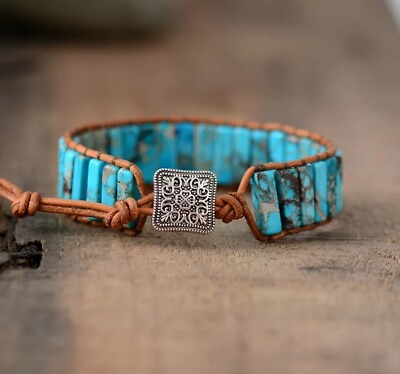 #ad Natural Turquoise Tube Leather Braided Bracelet Blue Gemstone Bracelet Handmade $13.50