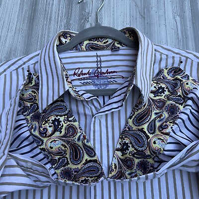 #ad Robert Graham Shirt Men’s XL Paisley Flip Cuff Reverse Print Stripe Long Sleeve $29.85