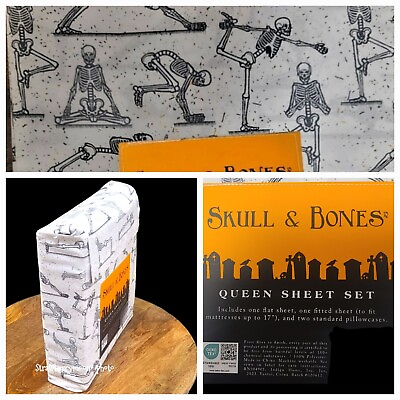 #ad 4pc Halloween Yoga Pose SKELETON QUEEN Size Bed Sheet Set By Skull amp; Bones NEW $48.00
