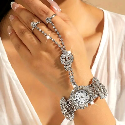 #ad Women Shiny Rhinestone Chain Tassel Watch Gorgeous Round Bracelet Ring Watch New $28.98