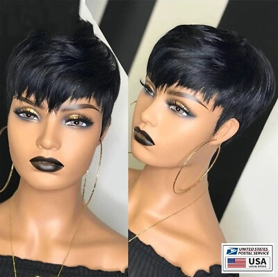 #ad Pixie Human Hair Black Short Cuts Wigs Brazilian Women Hairstyles Natural Wigs $12.32