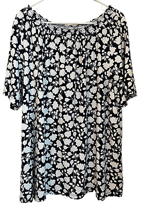 #ad Talbots Navy Blue White Floral Short Sleeve Ruffle Smocked Neck Stretch Top 2X $12.00