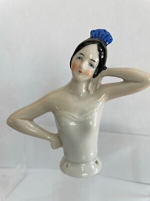 #ad Antique Half Doll Pincushion Doll Blue Hair Comb Flirty Lady Porcelain Germany $24.99