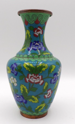 #ad Antique Chinese Copper Cloisonne Vase Turquoise Ground Blossom amp; Foliage 6.5quot; GBP 35.00