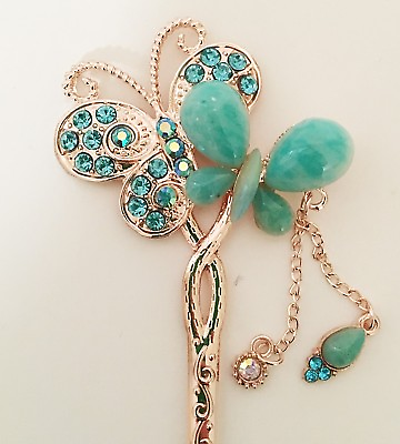 #ad Butterfly Design Hair Stick in Gold Tone with Imitation Jade and Rhinestones $8.99
