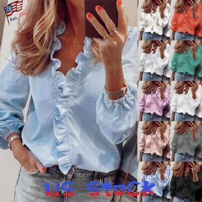 #ad Womens Ruffled V Neck Long Sleeve Blouse Ladies Work Office Shirt Casual Tops US $14.48