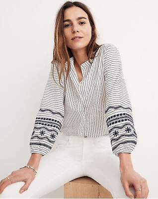 #ad Madewell Womens Size Medium Stripped Embroidered Shirt White Bottom Down $35.88