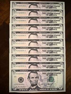 #ad New Uncirculated Five Dollar Bills Series 2021 $5 Sequential Notes Lot of 10 $74.95